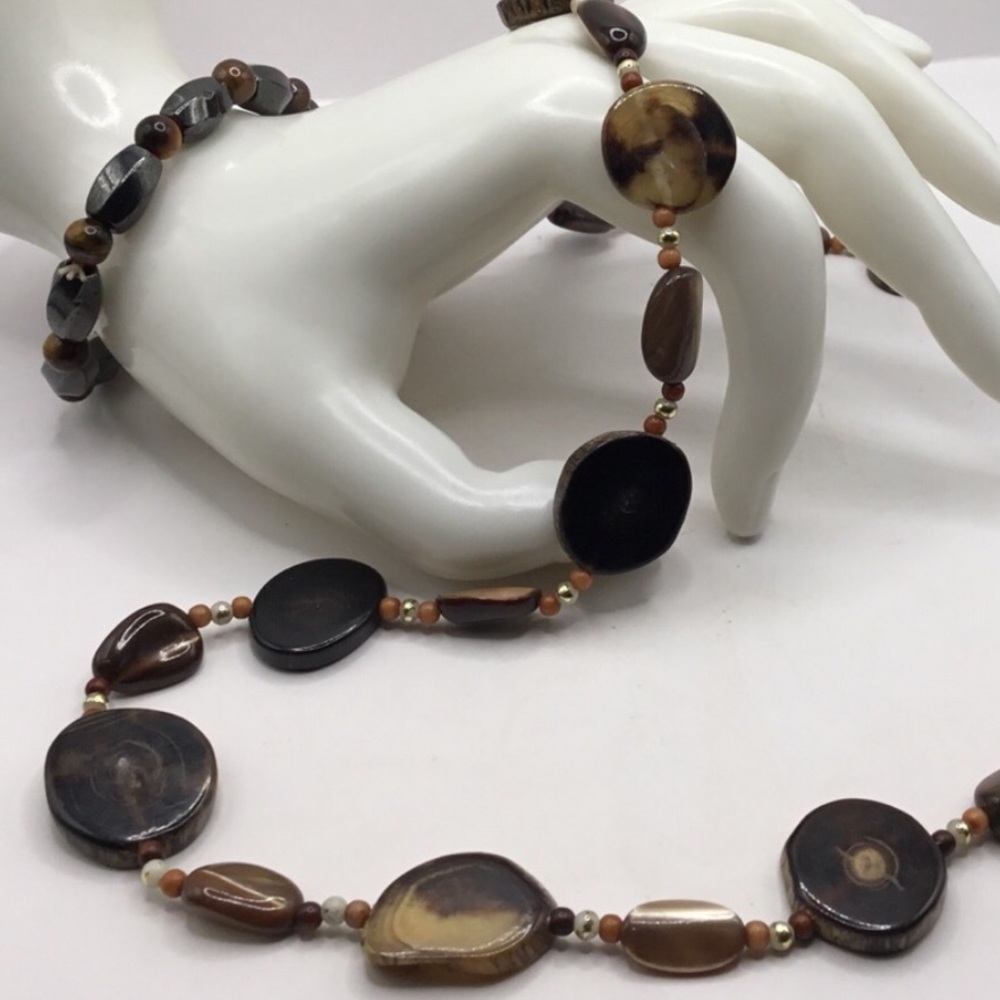 Vintage Bead Necklace & Tiger Eye, Hematite Bracelet Set